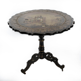 A French mother-of-pearl-inlaid, ebonised and gilt side table with a castle view, 19th C.