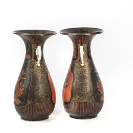 A pair of Japanese lacquered porcelain vases, Meiji, 19th C.