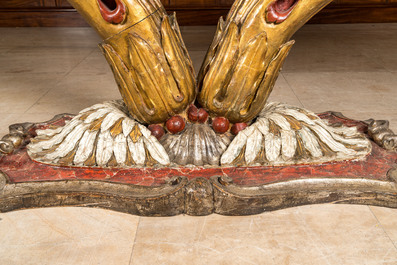 A polychromed and gilt wooden console table with onyx marble top, probably Italy, 19/20th C.