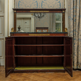 A French Napoleon III-style marble-topped mirror buffet in Boulle-style copper-inlaid wood, 19th C.