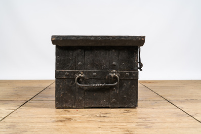 A wrought iron mounted and plated wooden chest, 19th C.