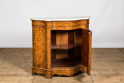 A French marquetry one-door cabinet with marble top, 19th C.
