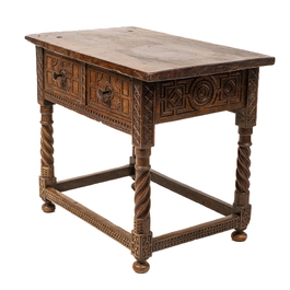 A Spanish walnut table with two drawers, 17th C. with later elements