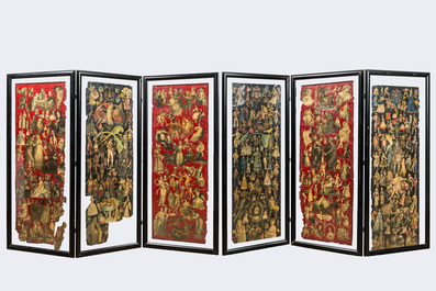 A pair of three-part black lacquered folding screens with collages of historical characters, 19/20th C.