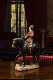Cavalier oriental sur cheval en bois polychrom&eacute;, 19&egrave;me
