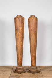 A pair of teak wooden columns on foot, Kerala, India, 19/20th C.