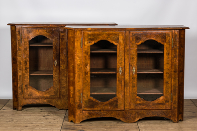 A pair of rootwood veneer display cabinets or buffets, 19th C.