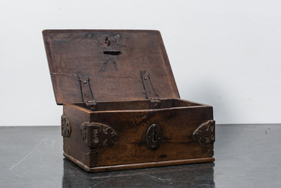 A walnut treasury box with wrought iron fittings, 17th C.