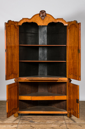 A fruit wood corner cabinet with marquetry design of parrots in medallions, last third 18th C.