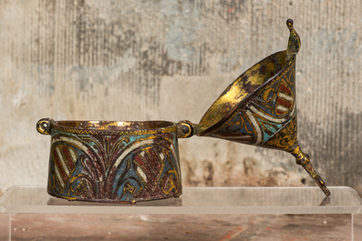 A Limoges enamelled, engraved and gilt copper pyx, France, 13th C.