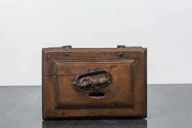 A walnut treasury box with wrought iron fittings, 17th C.