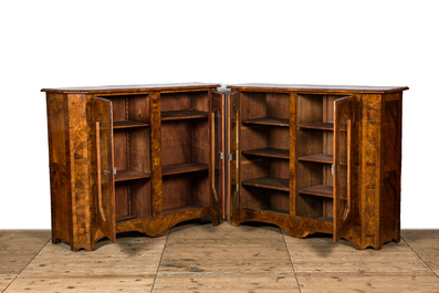 A pair of rootwood veneer display cabinets or buffets, 19th C.