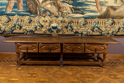 A walnut console table with four drawers, 19th C. with older elements