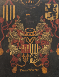 Two painted wooden armorial panels, 18th C.