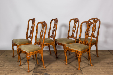 Six chaises en bois fruitier et marqueterie &agrave; d&eacute;cor floral, Hollande, 19&egrave;me
