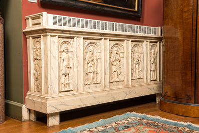 Three faux marble-painted wooden panels with saints mounted as heating frames, 19/20th C.