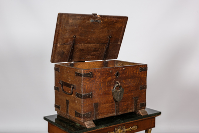 A Flemish oak coffer with wrought iron mounts, 18th C.