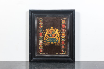 A painted canvas with the arms of Dutour surrounded by allied crests, 18th C.