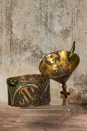 A Limoges enamelled, engraved and gilt copper pyx, France, 13th C.