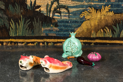 Two Japanese polychrome koi-shaped wall vases and three pieces of porcelain and glass fruit, 19/20th C.