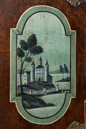 A polychrome wooden two-door cabinet with inside landscape design, 19th C.