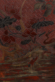 A Chinese red- and black-lacquered eightfold panel with a battle scene and a landscape with birds, 1st half 20th C.