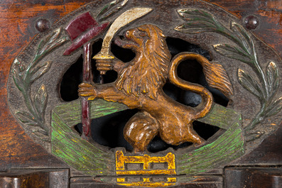 Two Dutch polychrome wooden sheafs of farm wagons with a lion, 19th C.