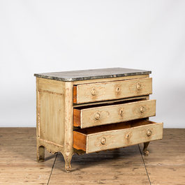 A French Louis XV-style patinated oak wooden chest of drawers with faux marbre top, 18th C.