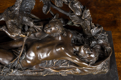 &Eacute;mile Louis Truffot (1843-1896, apr&egrave;s): L&eacute;da et la cygne, bronze patin&eacute; sur socle en marbre