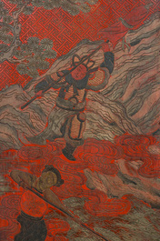 A Chinese red- and black-lacquered eightfold panel with a battle scene and a landscape with birds, 1st half 20th C.