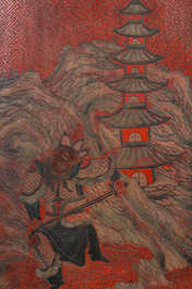 A Chinese red- and black-lacquered eightfold panel with a battle scene and a landscape with birds, 1st half 20th C.