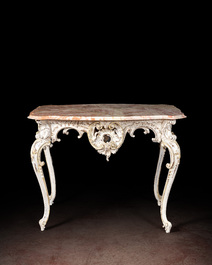 A patinated walnut Louis XV-style console table with marble top, 19th C.