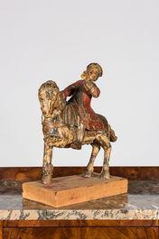 Sculpture d'un cavalier &agrave; cheval en bois polychrome, 18/19&egrave;me