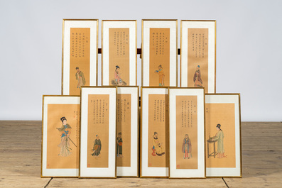 Chinese school, ink and colours on silk: Sixteen various figures, 20th C.