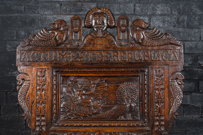 A 17th C.-style English oak Wainscot chair with Juno in her carriage drawn by peacocks, 19th C.