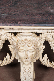 A white patinated neoclassical walnut console table with red marble top, 19/20th C.