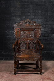 A 17th C.-style English oak Wainscot chair with Juno in her carriage drawn by peacocks, 19th C.