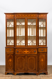 An English neoclassical mahogany marquetry breakfront bookcase, 19/20th C.