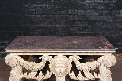 A white patinated neoclassical walnut console table with red marble top, 19/20th C.