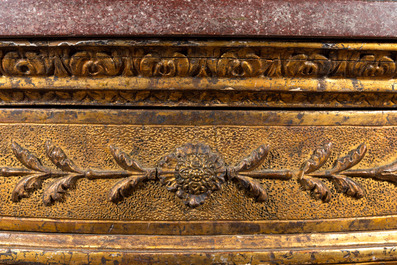 A neoclassical marble-topped gilt wooden corner console table with a mirror, 19th C.