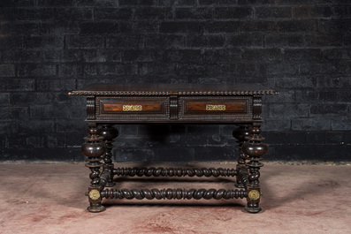 A partly ebonised walnut table on barley-twist base with baluster legs, 19th C.