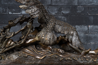 &Eacute;mile Louis Truffot (1843-1896, apr&egrave;s): L&eacute;da et la cygne, bronze patin&eacute; sur socle en marbre