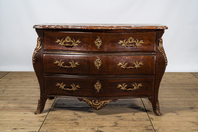 A French Louis XV-style bronze mounted chest of drawers with marble top, 19th C.