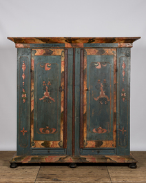 A German polychrome wooden linen cupboard, dated 1765, 18/19th C.