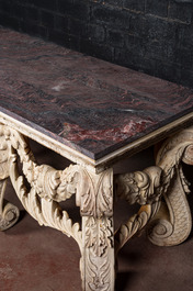 A white patinated neoclassical walnut console table with red marble top, 19/20th C.