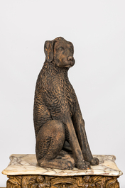 Sculpture d'un chien en terre cuite patin&eacute;e, 19&egrave;me