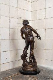 L.F. Moreau (19/20th C.): Fisherman, patinated bronze on a black marble base