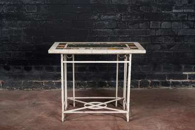 A pietra dura console table with white-lacquered wrought iron base, 19/20th C.