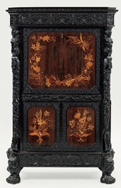 Cabinet exceptionnel de style n&eacute;o-gothique en bois incrust&eacute;, atelier inconnu dans la r&eacute;gion de Gand, Flandres, 19&egrave;me