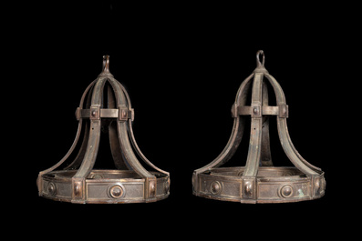 Four large bell-shaped bronze chandeliers, first half 20th C.